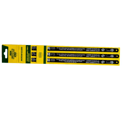 three lasher econoflex high carbon alloy hand saw blades in yellow retail packaging