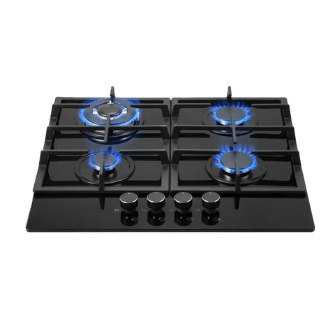 Totai four burner glass gas hob with blue flames and four front control knobs