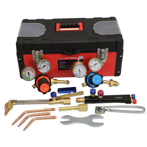 black and red tool case with multiple welding and cutting gauges, torches, wrenches and pliers displayed