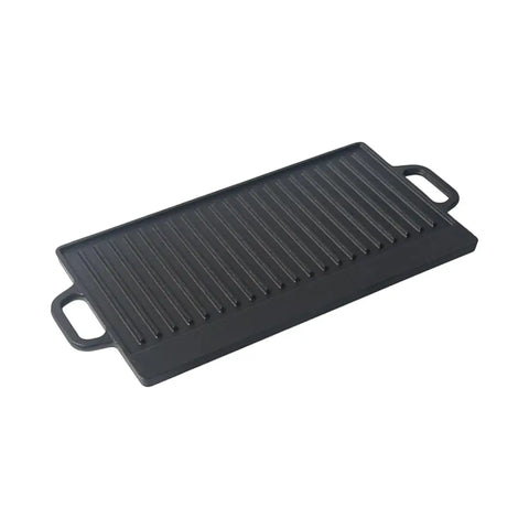 Totai cast iron grill pan with a ridged cooking surface and handles on both ends