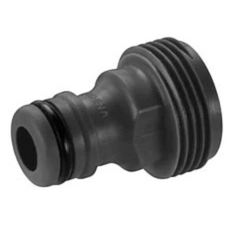 Gardena 26.5 millimeter adaptor, black plastic fitting with external screw threads.