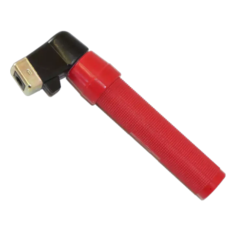 red insulated welding electrode holder with knurled grip and metal jaw