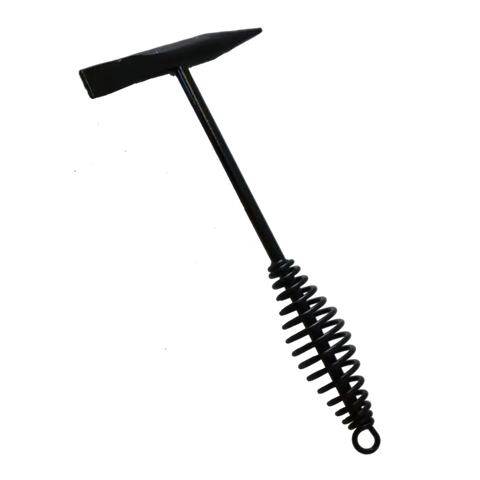 pinnacle chipping hammer with a black rectangular head and long shaft ending in a coil grip