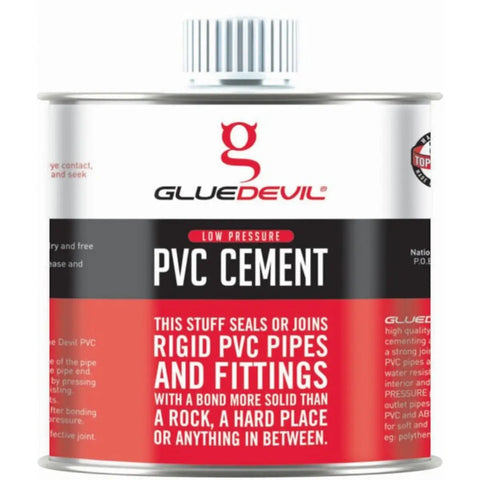 Glue Devil low pressure PVC cement can with red and black label for sealing rigid PVC pipes and fittings