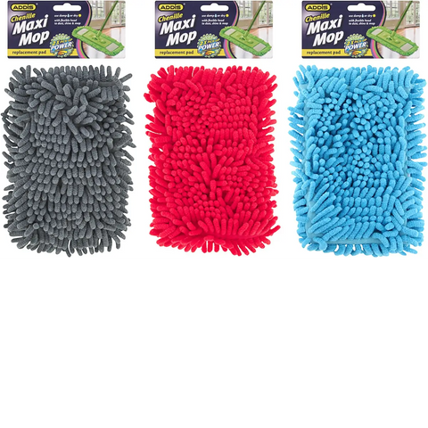 three addis chenille mop refills in gray red and blue beside packaging