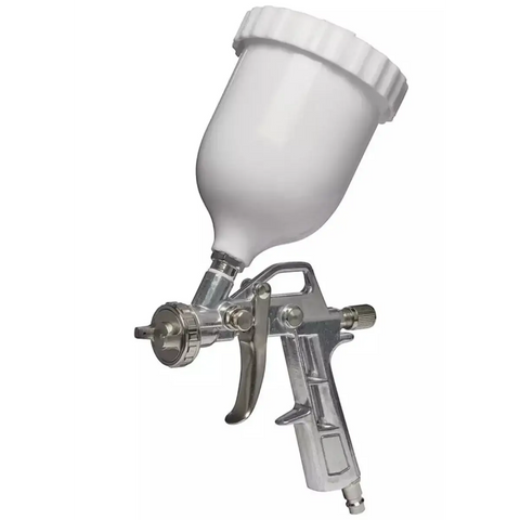 Einhell paint spray gun with white plastic cup and chrome metal trigger assembly
