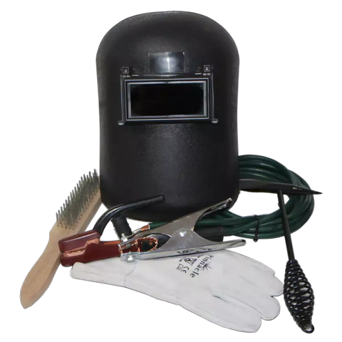 black welding helmet with view window, white welding gloves, pliers, wire brush, wooden handle tool, green power cord