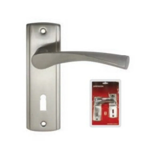 samson silver lever door handle with rectangular backplate and keyhole, comes with mounting hardware