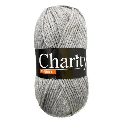 Saprotex grey chunky wool skein with black label reading charity and orange chunky badge