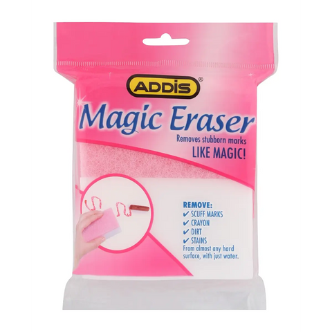 pink and white plastic pouch featuring an Addis magic eraser sponge