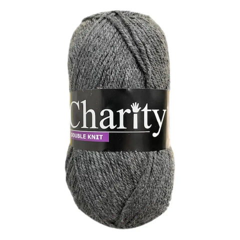 grey charity double knit wool skein with black label displaying the brand name Charity