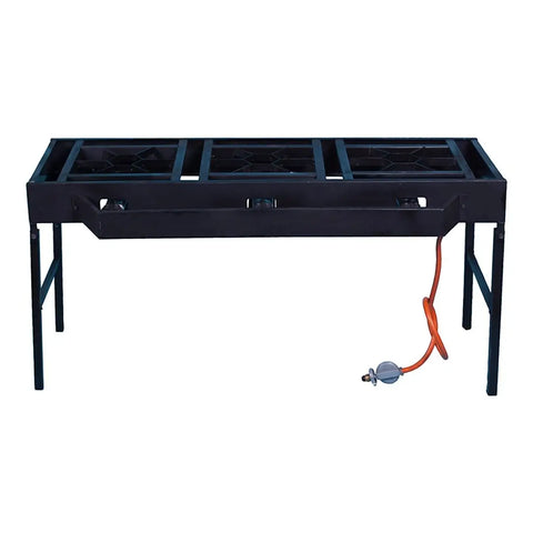 three burner foldable gas stove table in dark metal with orange hose and regulator on the right