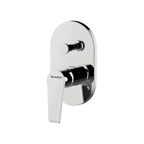 Blu-Motion chrome shower mixer with single lever and blue and red indicator marks.