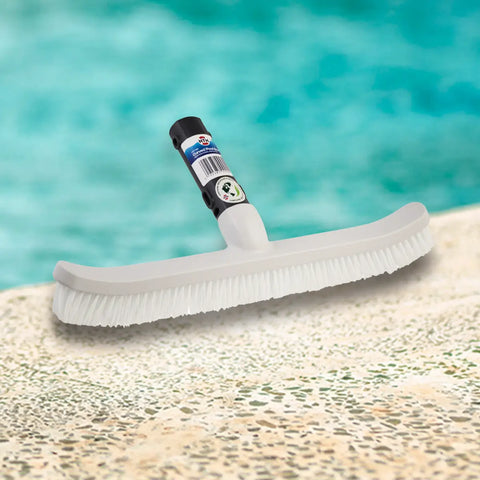 HTH curved pool brush with white bristles and black handle against pool water backdrop