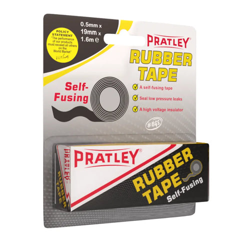 pratley rubber tape packaging with a coil graphic and bold yellow self fusing text on a white and black background