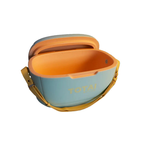 blue cooler box with bright orange interior and a yellow carrying strap, Totai logo on the side