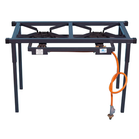Totai two burner gas stove built on a blue metal frame with an orange hose attached
