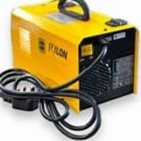 yellow pinnacle welding machine with a black front panel and tangled cables coiled in front