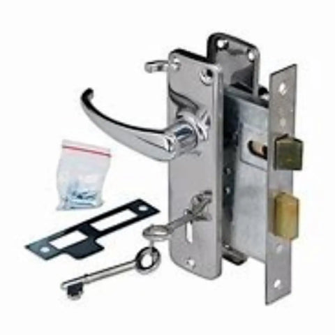 yale three lever lockset with curved lever handle, strike plate, latch bolt, keys and small hardware