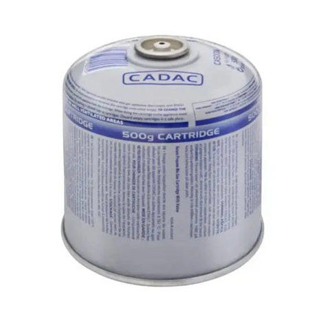 Cadac 500 g gas cartridge with blue label and safety text on a metal canister