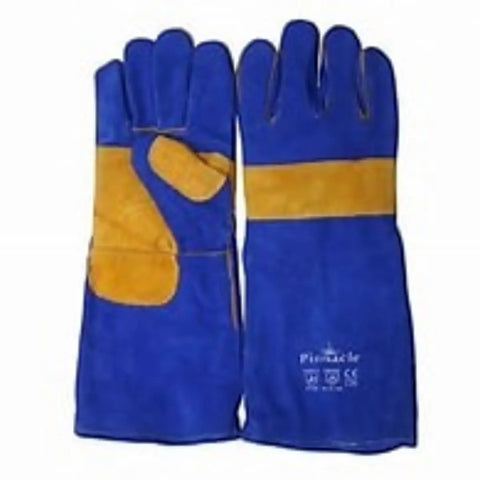 Pinnacle blue and yellow welding gloves with a yellow palm patch and elbow length