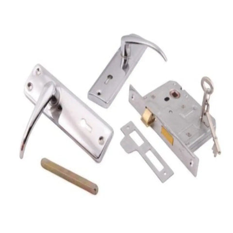 Samson four lever lockset in chrome with lever handle, strike plate, latch bolt, mounting screws, and keys