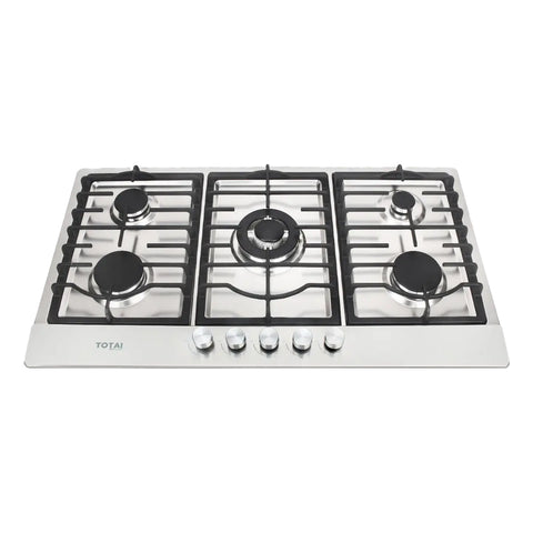 Totai stainless steel five burner gas hob with black cast iron supports and five control knobs