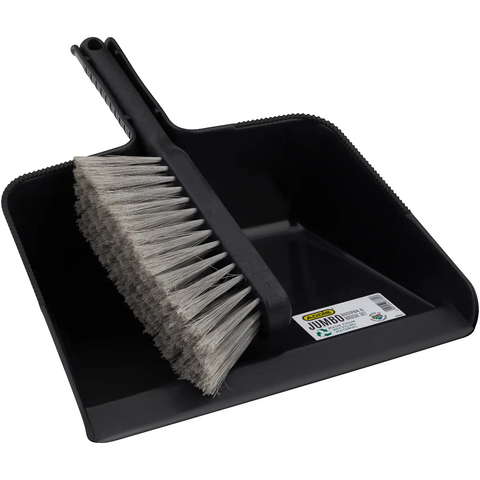 Addis jumbo dustpan and brush set, black plastic with grey bristles, label visible