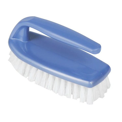 Addis blue plastic scrub brush with white bristles and curved handle