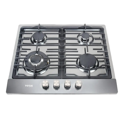 Totai four burner gas hob with stainless steel surface and black enamel pan supports
