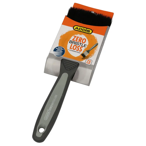 addis zero bristle loss paint brush with orange packaging and grey handle; seventy five millimetre brush size