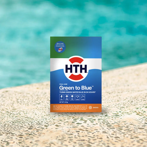 HTH pool care box with a green to blue gradient and a large HTH logo on a sunlit poolside surface