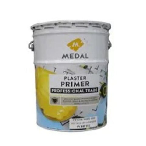 white bucket with metal handle and yellow medal logo, plaster primer professional trade label with blue and yellow graphics