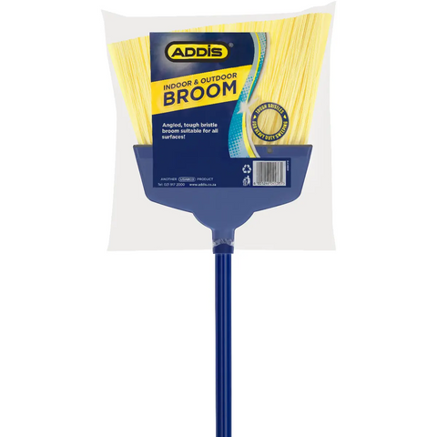 blue plastic handle broom with yellow bristles in packaging labeled indoor and outdoor by Addis