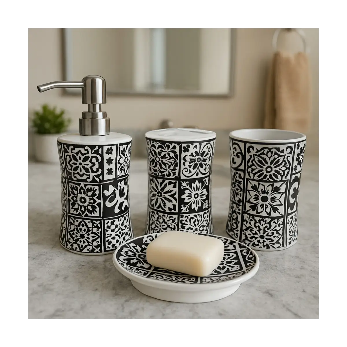 Four piece bathroom accessory set