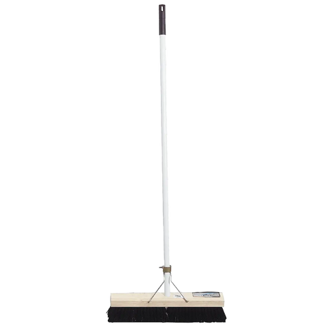 Addis broom with long white handle mounted on a wooden base and black mop strip