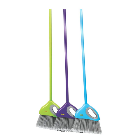 three Addis brooms with lime green, purple and blue handles and grey bristles
