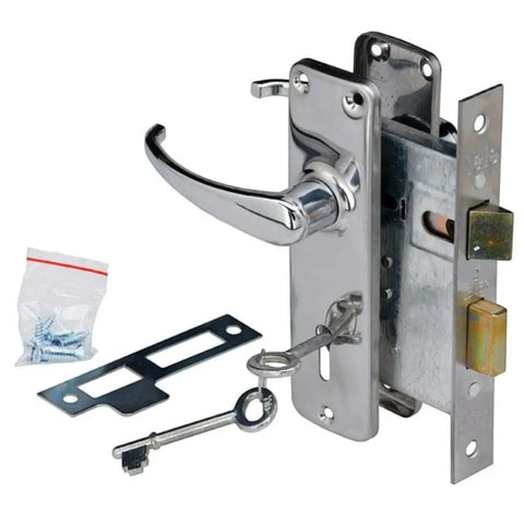 Yale two lever lockset with chrome handle, latch bolt, strike plate, screws, mounting plate, and keys.