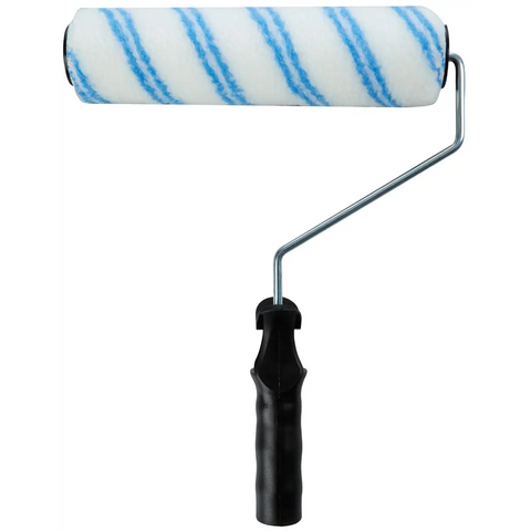 paint roller with blue striped cover and metal frame over black handle
