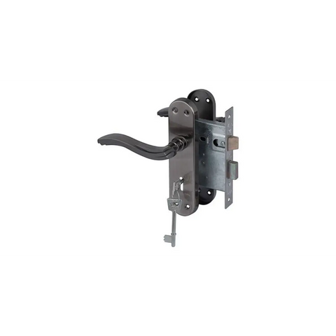 Yale three lever lockset in satin black nickel with latch bolt and key cylinder.