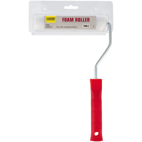 Addis foam roller with red handle and metal frame on white packaging card