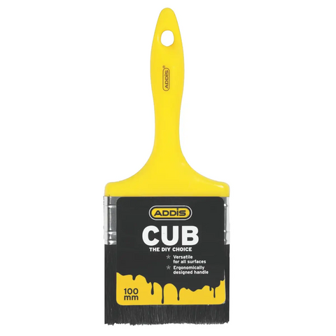yellow Addis paint brush with a plastic handle and a black label reading cub and one hundred millimetre width