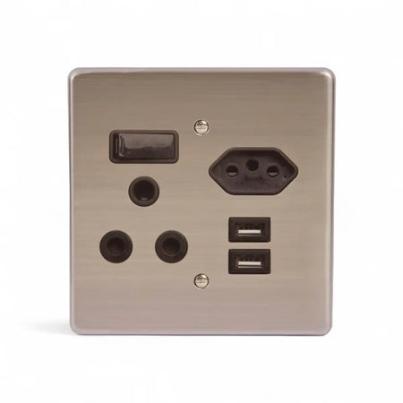 Lesco 100X100Mm 1X16Mma, 1Xiec, 2Xusb Stainless Steel Black Switch Socket