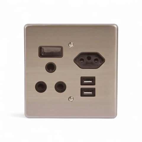 Lesco 100X100Mm 1X16Mma, 1Xiec, 2Xusb Stainless Steel Black Switch Socket