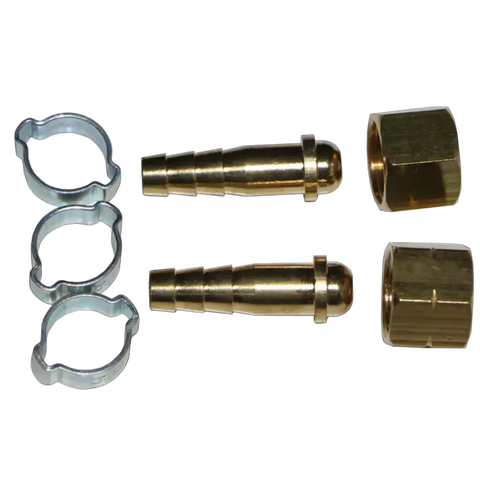 Pinnacle hose kit components including two brass barbed fittings, two brass nuts, and three metal hose clamps.