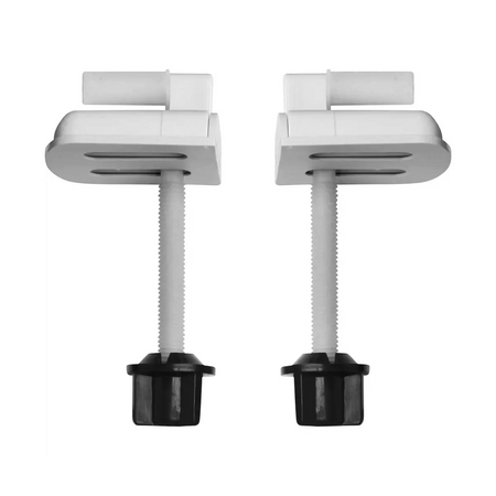 White plastic toilet seat hinges