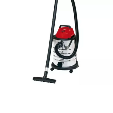 Einhell wet and dry vacuum cleaner with red top, stainless steel canister, black hose and wand, floor nozzle and wheels
