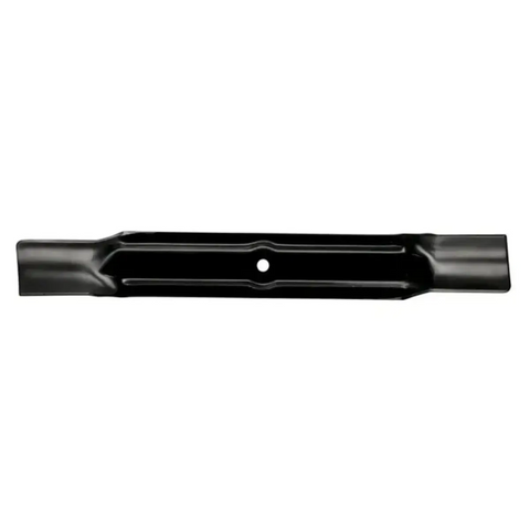 black lawn mower blade with central mounting hole and reinforced center groove