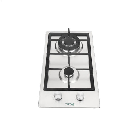 stainless steel two burner gas hob with black cast iron pan supports, two control knobs at front, totai branding
