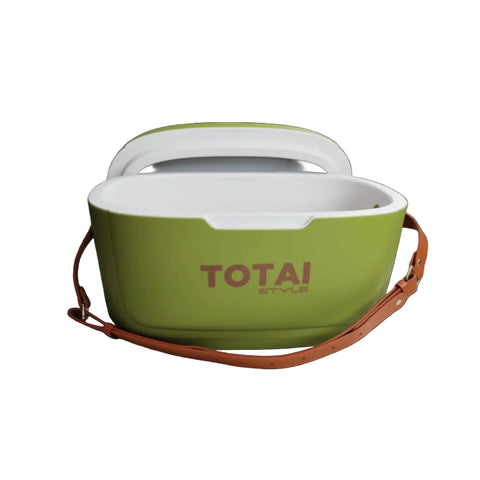 khaki cooler box with white interior and brown strap, Totai logo on the side